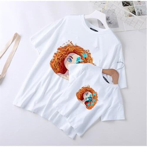 Family Matching T Shirts Summer Short Sleeve Casual White O-neck Tshirts Disney Princess Printed Mommy And Me Kids Girls Tops
