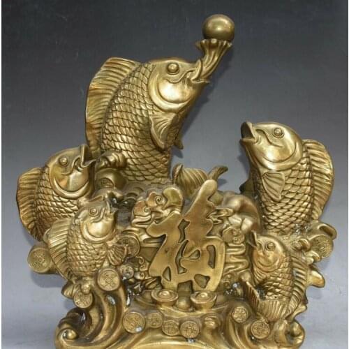 China Bronze Gold fengshui FishPlay beads Goldfish Blessing Money cion statue