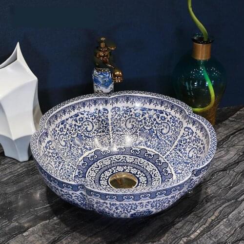 China Lavabo Ceramic Counter Top Wash Basin Cloakroom Hand Painted Vessel Sink bathroom sink bowl wash basin blue and white