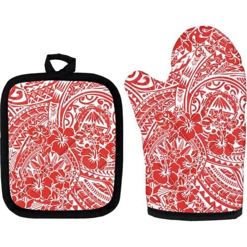 Red Polynesian Hibiscus Printing 2pcs Oven Tools Mittens and Heat Resistant Mats Home Casual Baking Cooking Potholder Gloves