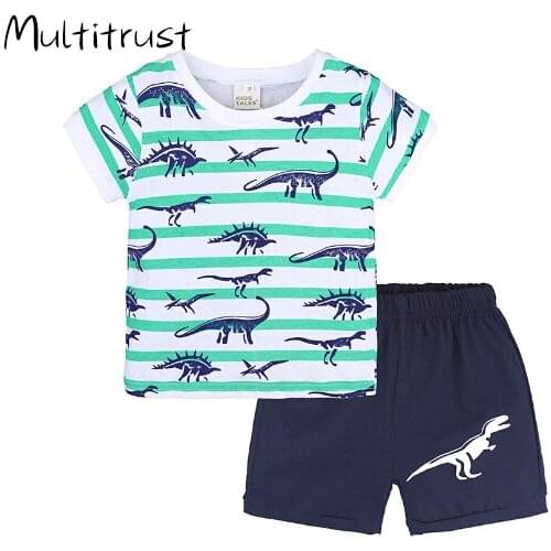 1-7Y Summer Infant Baby Boys Causal Sleepwear Home Clothes Sets Animal Print Short Sleeve T Shirts Striped Shorts
