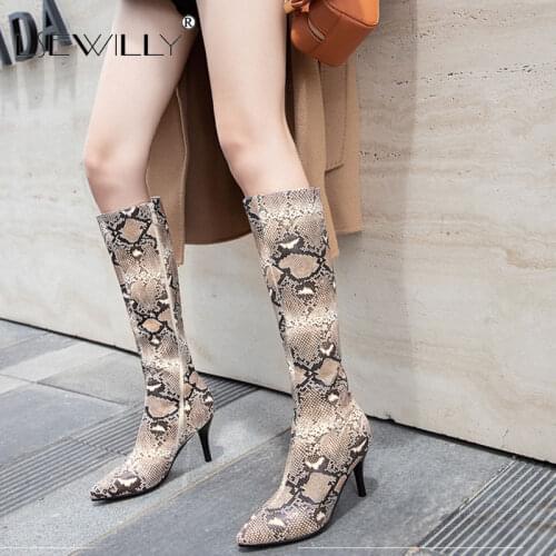 Lsewilly Snake Print Knee High Boots Woman High Heel Long Boots Thin Heel Shoes Zip Pointed Toe Ladies Boots Green Plus Size