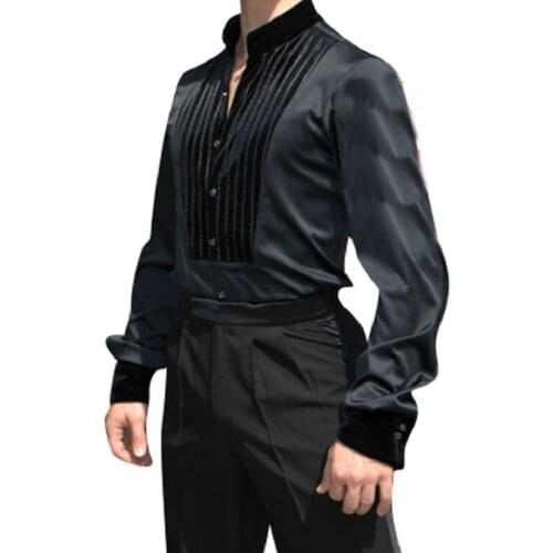 Latin Dance Shirts Men Black Long Sleeve Male Ballroom Salsa Samba Dancewear Professional Competition MenS Dance Top DNV10308