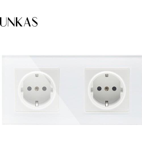 UNKAS Manufacturer of 16A Wall Outlet, EU Standard 2 Gang Wall Power Socket, White Crystal Glass Panel, GB-C7C2EU-11