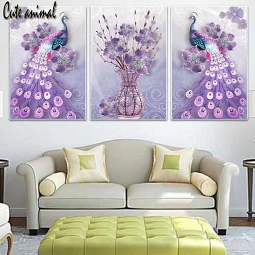 Diamont New Christmas Gifts Purple Peacocks Flower Triptych Diamond Painting Embroidery Diy Home Decor Rhinestone Picture Paste
