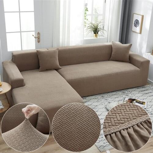 Polar Fleece Fabric Light Brown Sofa Cover For Living Room Solid Color All-inclusive Modern Elastic Corner Couch Slipcover 45011
