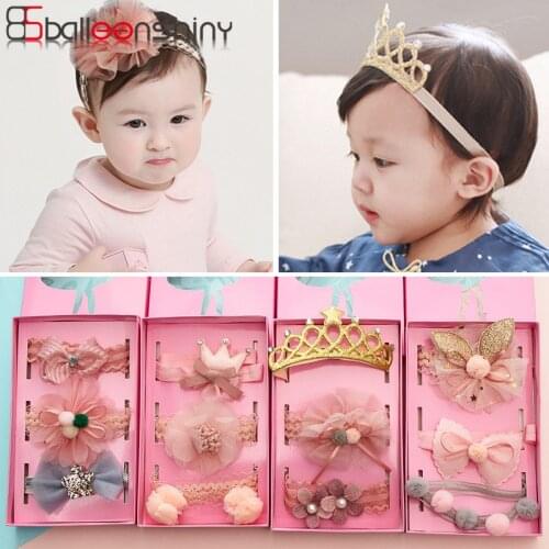 Balleenshiny 3pcs Lovely Princess Kids Hair Accessories for Baby Girls With Gift Box Lace Pearl Flower Bow Crown Baby Headband