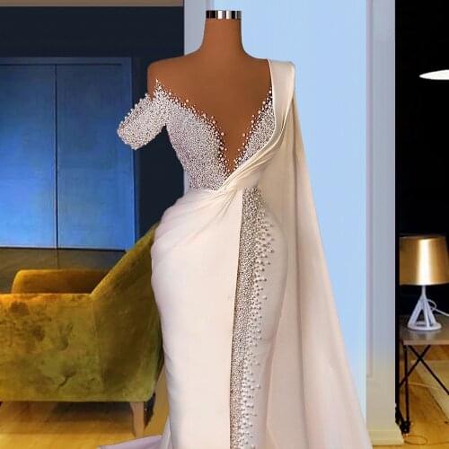 Luxury One Shoulder Pearls V Neck Evening Dress Long 2021 Mermaid Formal Prom Gowns with Cloak вечернее платье