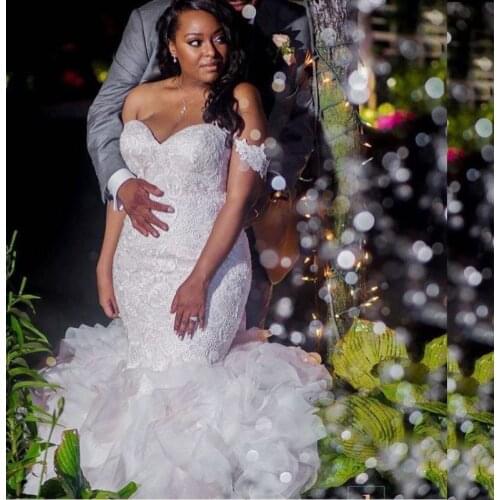African Plus Size Mermaid Wedding Dresses Bridal Gown Off the Shoulder Tulle Ruffles Lace Up Back vestidos de novia