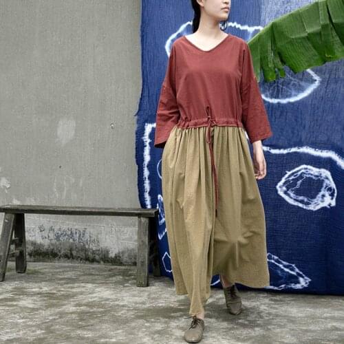 Johnature Women Cotton Linen Bandage Dresses Patchwork Color Vintage Robes Loose Long Sleeve O-Neck 2021 New Spring Dresses