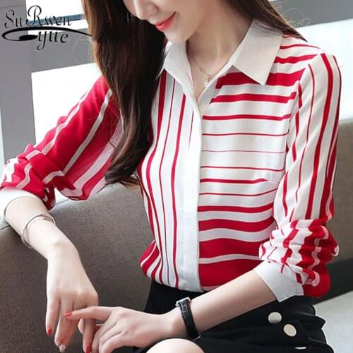 Femal Slim Shirts Striped Shirts Women 2021 Autumn New Korean Women Full Sleeve Shirts Turn-down Collar Chiffon Blouses 6108 50