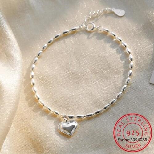 925 Sterling Silver Smooth Love Heart Charm Bracelet Delicate Bead Chain Bracelet Jewelry Gifts For Women S-B365