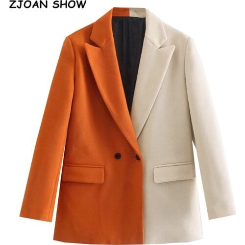 2021 Autumn Winter Orange Stitching Beige Patchwork Woolen Blazer Boyfriend friend Women Contrast color Suit Coat Fashion Femme