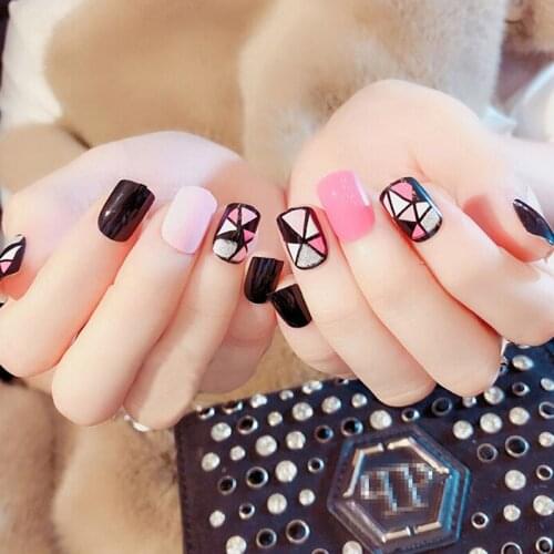 24pcs/Set Fashion Pink Black False Nails Finished Square Design Full Cover Nail Tips Artificial Fake Nails with Glue