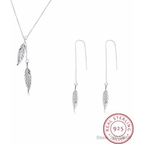 925 Sterling Silver Jewelry Sets Romantic Leaves Necklace+Earrings Bijoux For Women Valentines Day Gift