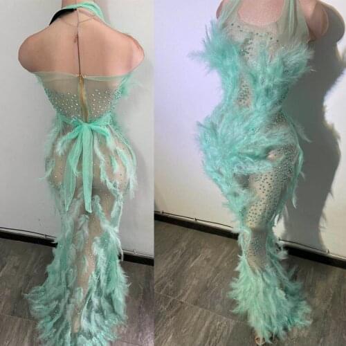 Sparkly Rhinestones Feather Dress Sexy see through mesh Nightclub Long Dress Costume Prom Birthday Celebrate Dresses