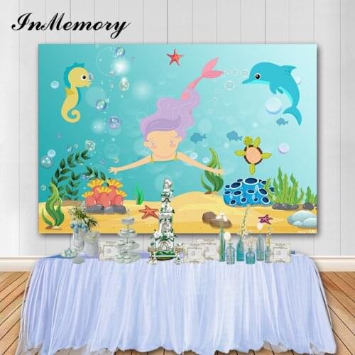 InMemory 7X5FT Our Little Mermaid Theme Background For Photography Cake Table Banner Girl Birthday Party Photo Backdrops Vinyl