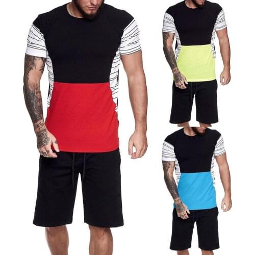 Summer Male Tracksuit Set Mens Clothing Men Tracksuit Stripe Color Block Patchwork Short Sleeve T-shirt Shorts Set for Sports
