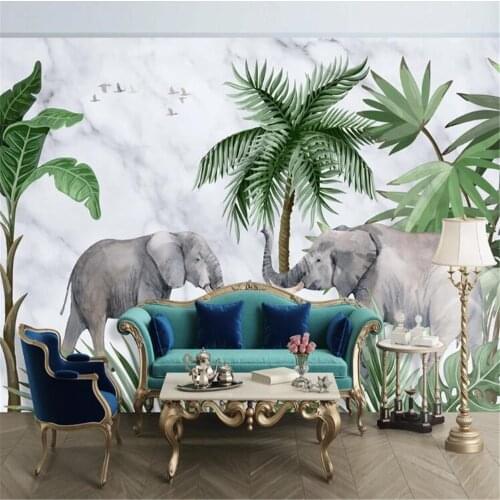 Milofi custom non-woven wallpaper large wallpaper mural fresh elephant marble pattern plant forest background wall