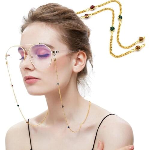 Fashion Womens Gold Eyeglass Chains Sunglasses Crystal Beaded Eyewears Neck Cord Holder with silicone good loop