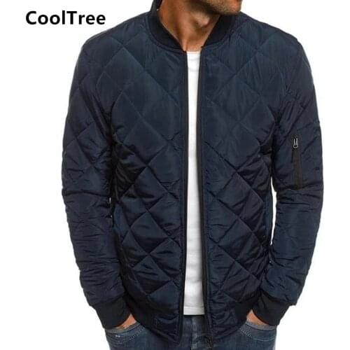 CoolTree Men Baseball Jacket Autumn Diamond lattice design Solid color Warm Cotton Coats Male Slim Fit Zipper Outerwear EU Size