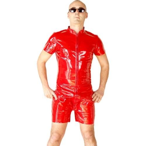 Mens PVC Latex Wetlook Bodysuit Sexy Lingerie Clubwear Patent Leather Front Zipper Boxer Shorts Leotard Body Suit Costumes