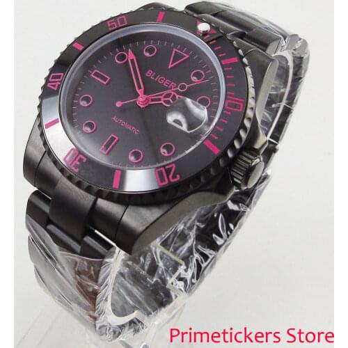40mm purple hands PVD coated case mens watch black dial luminous ceramic bezel automatic movement watch