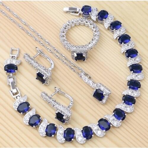 925 Silver Jewelry Set Blue Cubic Zirconia White Crystal for Women Party Stud Earring/Pendant/Necklace/Bracelet/Ring