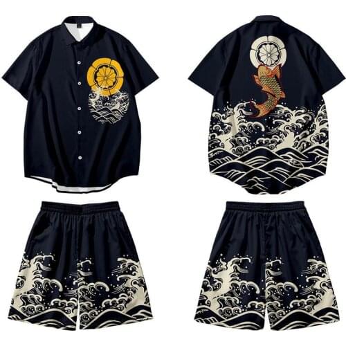 New Digital Printed Carp Pattern Casual Beach Pants Shirt Mens Summer Loose Thin Suit