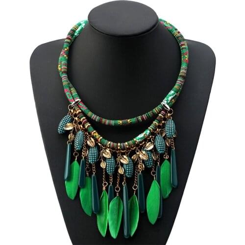 2 Colors Women Jewelry Ethnic Style Necklace Double Rope Chain Feather Acrylic Pendant Bib Choker Collar Statement Necklace
