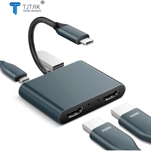 USB C to Dual HDMI Adapter 4K Switch Splitter Type-C Hub 4 in 1 to Dual HDMI PD Charge Compatible with MAC OS, Windows, Android