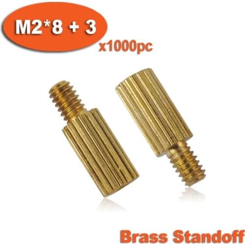 1000pcs Male To Female Thread M2 x 8mm + 3mm Cylinder Shaped Brass Standoff Spacer Pillars