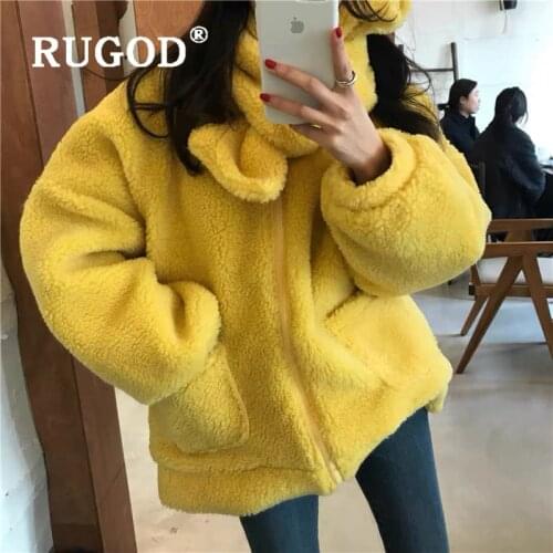 RUGOD Cute Yellow Lamb Wool Coat Women Casual Thick Warm Fluffy Winter Coat With Scarf Casual Pocket Loose Winter Jacket Parka