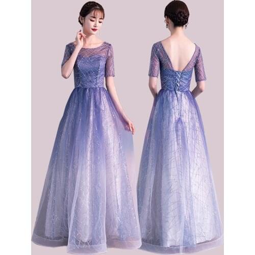 Blue O-neck Evening Dress Embroidered Party Dress Half-Sleeve A-line Gown Elegant Tulle Long Robe XUCTHHC New 2020 Formal Dress
