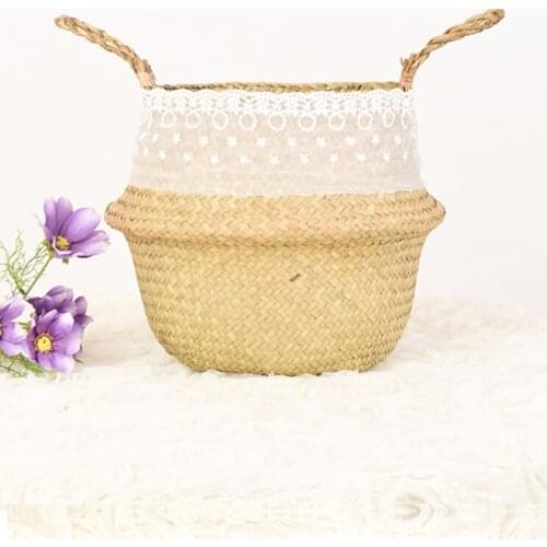 Foldable Handmade Storage Baskets with Romantic Lace Straw Rattan Garden Flower Planter Pot Natural Rattan Seagrass Garden Pot