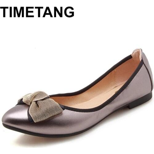 TIMETANG Soft double layer bowtie pointed toe egg roller shoes women without lace Japanese leather moccasins non-slip shoes
