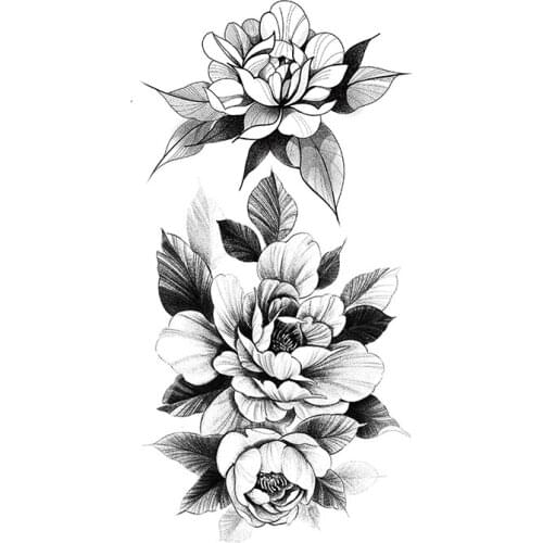 Large Flower Rose Leaves Design Waterproof Temporary Tattoo Sticker Sketch Peony Black Tattoos Body Art Arm Sexy Fake Tatoo