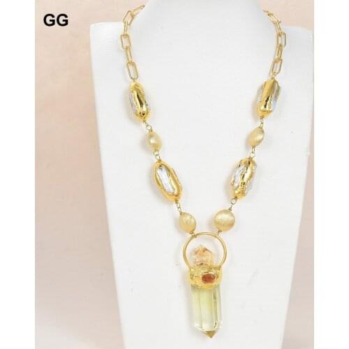 GuaiGuai Jewelry White Keshi Biwa Pearl Gold Color Plated Coin Natural Citrines Lemon Quartzs Pendant Chain Necklace For Women