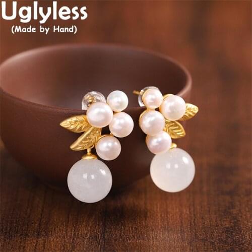 Uglyless Natural Pearls Flowers Earrings for Women Hotan Jade Peace Buttons Brincos Gold Leaves 925 Silver Gemstones Jewelry