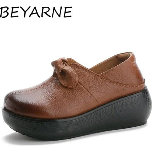 BEYARNE Handmade Genuine Leather Women Flat Platform Shoes Spring Autumn Vintage Round Toe Bow-knot Slip On Women Casual Shoes