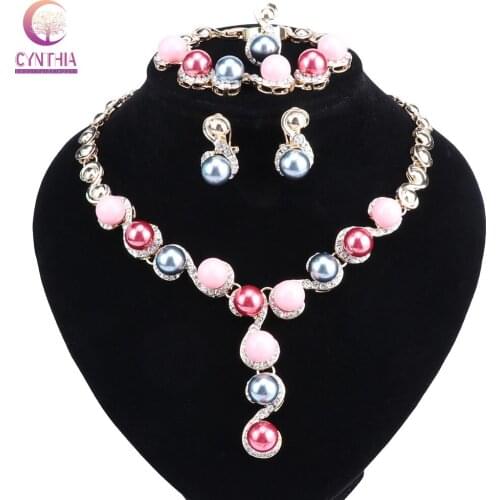 Classic Imitation Pearl Necklace Gold-color Jewelry Set for Women Clear Crystal Elegant Party Gift Fashion Costume