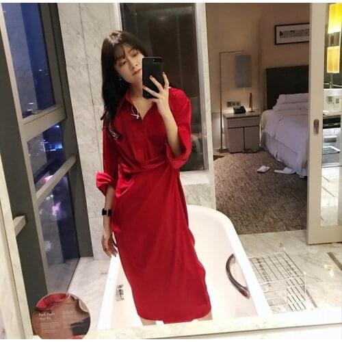 2018 New Arrival Spring Elegant Asymmetrical Medium-Long Dress Women Turn-Down Collar Long-Sleeve Cothing T1804084