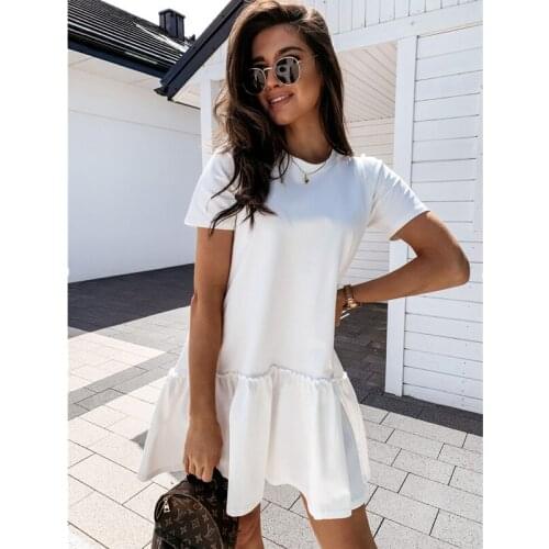 Ladies Dresses Basic 2021 Summer New Fashion Sexy O Neck Womens Dress Casual Loose Solid Short Sleeve Ruffle Patchwork
