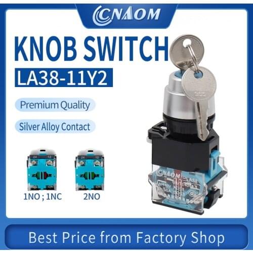 22M Key Switch Rotary Knob Switch Industrial Machine Key Switch 2 3 Position Self-locking Latching Black LA38-11Y2