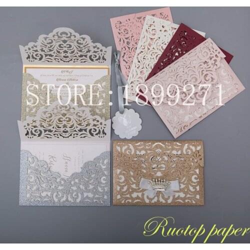 60pcs Lace Laser Cutting Champagne/rose gold/silver glitter Wedding Invitation Cards postcards for Wedding Greeting Invited