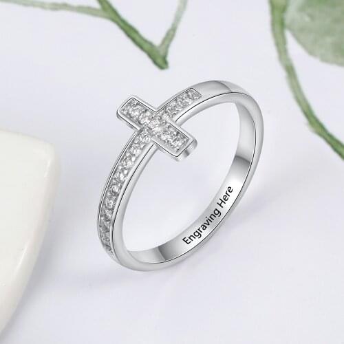 925 Sterling Silver Personalized Cross Sideway Engraved Rings for Women with Cubic Zirconia Custom Names Rings Jewelry Gifts