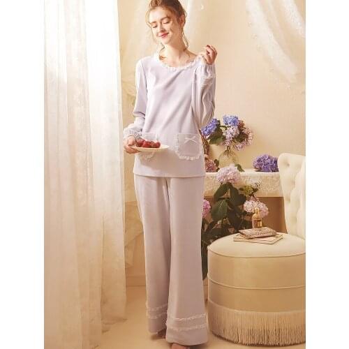 Free Shipping 2020 New Winter Womens Princess Pajamas Long Pants Set light Purple Sleepwear Home Cloth Lace Vintage pijamas