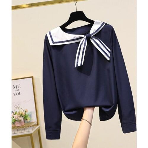 Bow Long Sleeved Navy Plus Size Korean Autumn Elegant Fashion Blouses And Tops WomenS Oversize Shirt Clothing 2021 Female