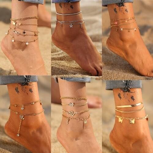 Gold Fashion Snake Chain Multilayer Anklets Women Beads Anklet Leg Chain Ankle Bracelets Beach Foot Jewelry Accessories