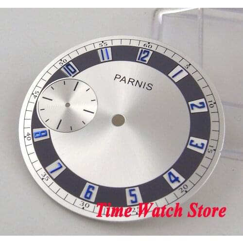 PARNIS 38.3mm silver watch dial blue marks fit eta 6497 ST3600 hand winding movement D100
